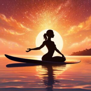 Eine Yogini auf einem SUP Board vor dem Sonnenuntergang